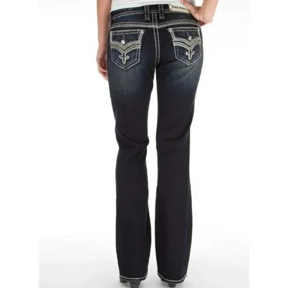 Rock Revival Marie Bootcut Jeans 28x33 Bling Low Rise Flap Pocket Fleur di Lis - Picture 2 of 12